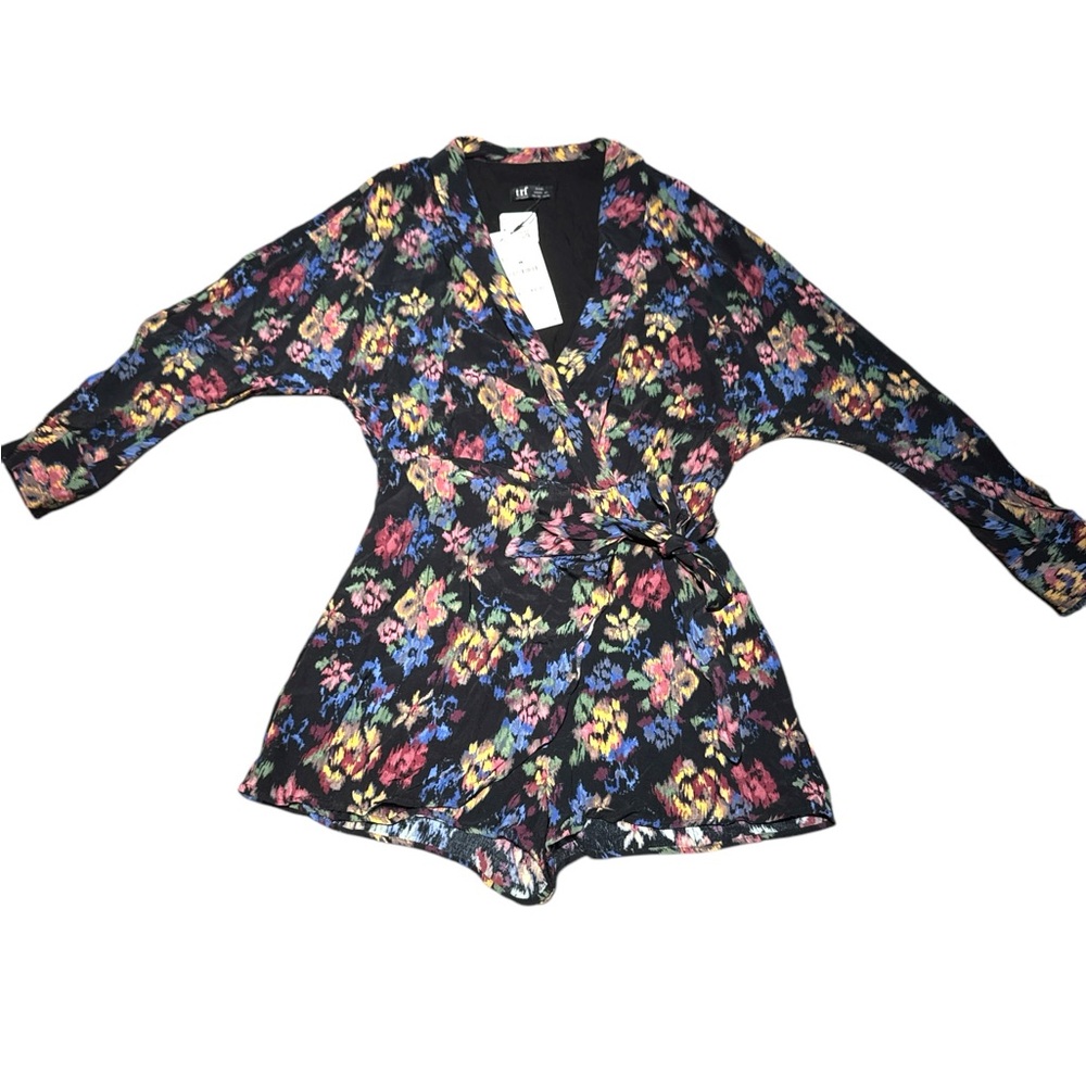 Zara Black Long Sleeve Romper with Vibrant Floral Design - Size L - NWT